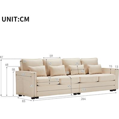 Zyloyal10 Modernes 4-Sitzer Leinensofa mit Armlehnentaschen und 4 Kissen, Beige