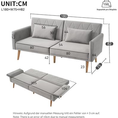 Zyloyal10 Zweisitzer-Schlafsofa aus Samtstoff in Grau mit verstellbaren