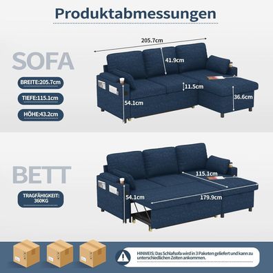 Duraspace Ausziehbare Schlafcouch L-förmiges Ecksofa mit Stauraum und