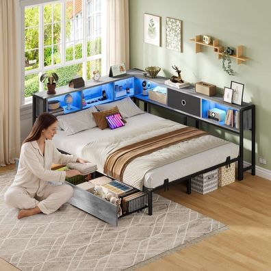 DICTAC Jugendbett 140x200 mit LED, Ladestation, 6 Staufächern und 2 Schubladen