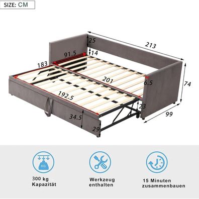 Tagesbett 90x200 cm ausziehbar auf 180x200 cm, graues Samt-Schlafsofa mit