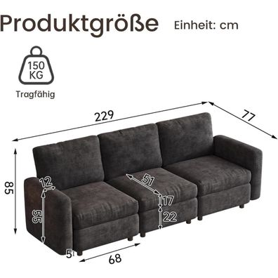 Guyii Modernes 3-Sitzer Sofa aus weichem Veloursstoff in Grau, gerades