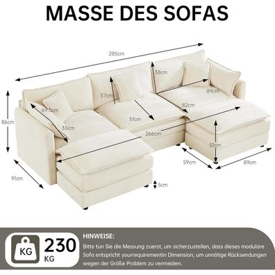 JIEXI U-förmiges Ecksofa 285 cm Beige Cord mit Schlaffunktion, Modulares Design