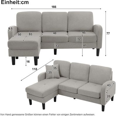 Eckcouch mit Chaiselongue 166x118x77 cm, 3-Sitzer L-Form Sofa in Leinenoptik