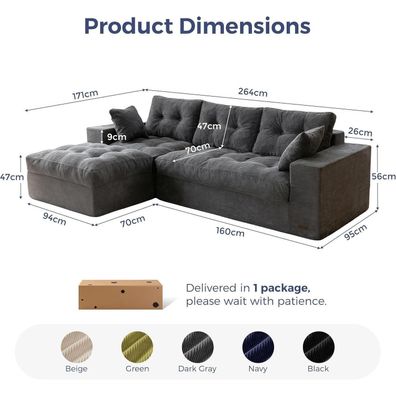 Maxyoyo Ecksofa mit Schlaffunktion, L-Form Cordstoff 264 cm, Dunkelgrau, keine
