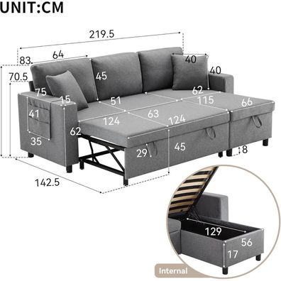Zyloyal10 L-förmiges Schlafsofa mit Schlaffunktion, Chaiselongue mit Stauraum