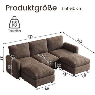Guyii Modulares Ecksofa aus weichem Veloursstoff in Braun, Eckcouch mit Hocker