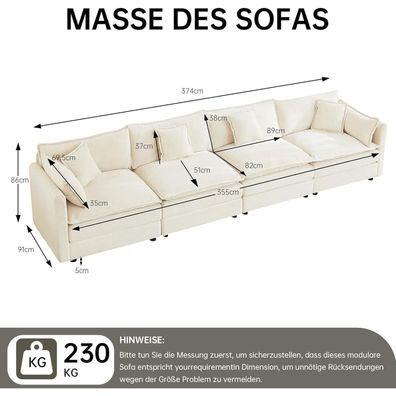 JIEXI Ecksofa 374 cm Beige Cord, Modulares Ecksofa mit Schlaffunktion
