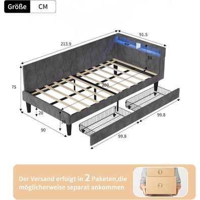 Schlafsofa 90x200 cm mit 2 Schubladen, LED, USB/Typ-C, Samt (Grau)