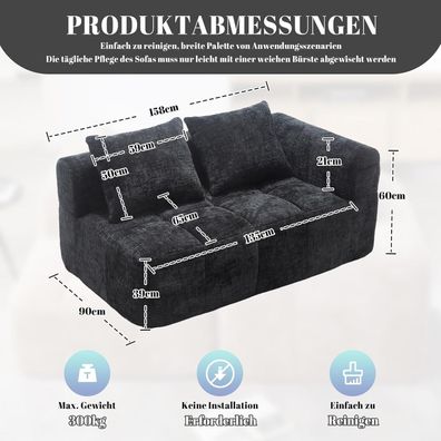 Dolamaní Modernes 2-Sitzer Polstersofa mit Chaiselongue, 2 Kissen, Schwarz B