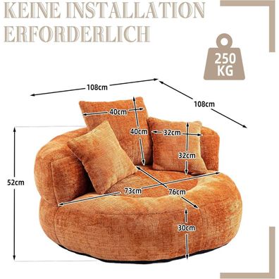 Dolamaní Lazy Sofa Sitzsack Stuhl Couch Orange - Komfort Lounger mit 3 Kissen