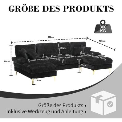 Dolamaní Modernes U-Shape Ecksofa mit doppelten Liegesitzen, Chenille-Stoff