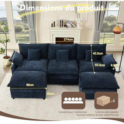 Litbird U-förmiges modulares Sofa 3-Sitzer Ecksofa mit Hocker, Navyblau, Cloud
