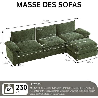 JIEXI Modulares Ecksofa mit Schlaffunktion aus Chenille-Stoff, 288 x 132 cm