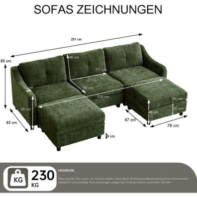 JIEXI Ecksofa mit Schlaffunktion, L-Form Couch aus Cordstoff, 251cm, Dunkelgrün