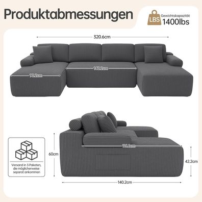 Duraspace Cloud Modulares U-förmiges Cord Sofa, tiefe Sitzfläche, übergroß, Grau