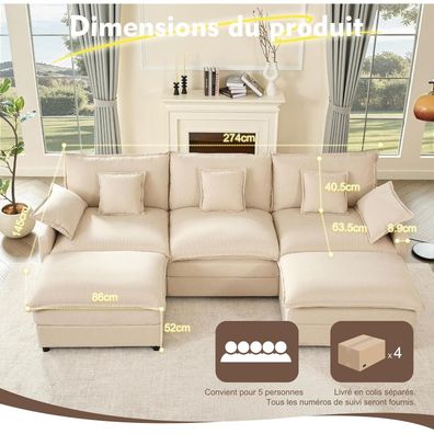 Litbird U-förmiges modulares Sofa 3-Sitzer Ecksofa mit Hocker, Cloud Couch Beige