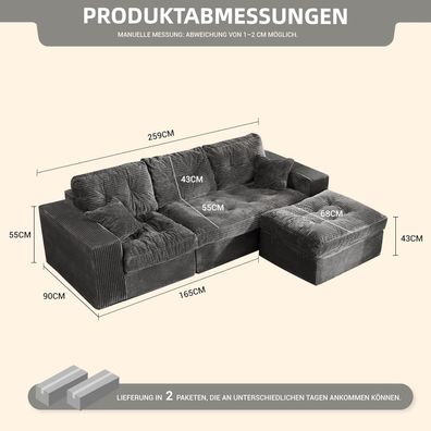 Litbird 3-Sitzer Ecksofa Grau Modulares Sofa mit Recamiere, Cordstoff