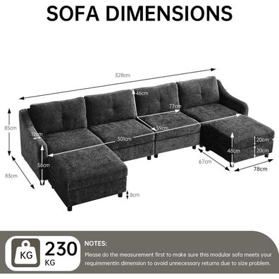 JIEXI Ecksofa mit Schlaffunktion, Kordsofa L-Form Couch, 251cm Grau (4 Sitze