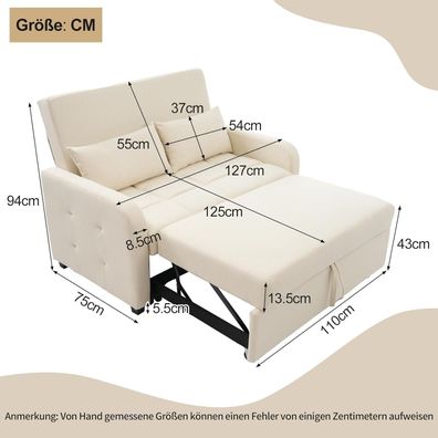 NovaFurnish Verstellbares Sofa-Bett Beige, 127x75x94cm - Platzsparend für
