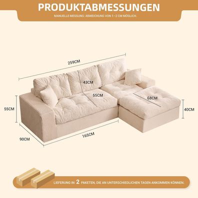 Litbird 3-Sitzer Ecksofa Beige, Modulares Cordstoff Sofa mit Recamiere, Schlaf