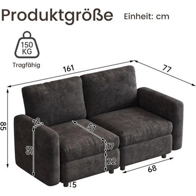 Guyii Modernes 2-Sitzer Sofa aus weichem Veloursstoff in Grau, gerades