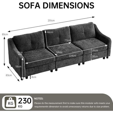 JIEXI Ecksofa mit Schlaffunktion, 251cm L-Form Kordsofa Couch (Grau 3)