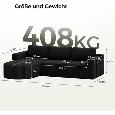Homrelexa Ecksofa mit Schlaffunktion, Cord, Boneless Couch, Cloud Couch