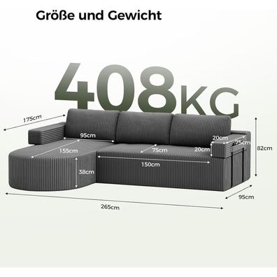 Homrelexa Ecksofa mit Schlaffunktion aus Cord, L-Form, Boneless Couch, Grau