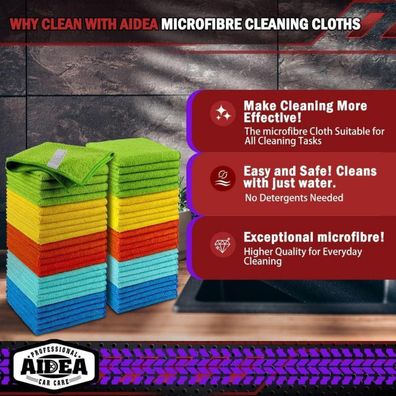 AIDEA Mikrofasertücher 50er Pack, 30x30 cm, Mehrfarbig - Ideal für Auto