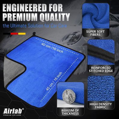 Airlab 4er-Set Mikrofasertücher Auto Trockentuch 800 GSM, 40x40 cm