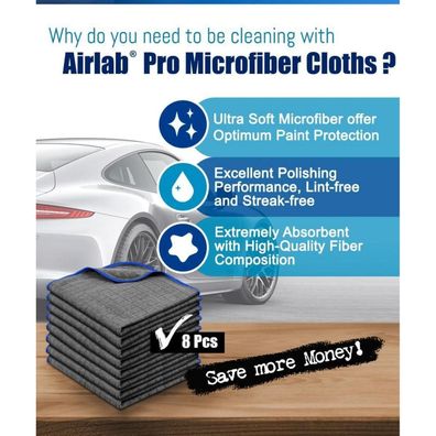 Airlab Poliertücher Auto 8er Set, 40x40 cm, Blau - Mikrofaser Reinigungstücher