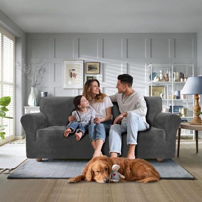 Cycmaco Samt Sofa Überzug 4 Sitzer - Elastisch, Rutschfest & Waschbar - Grau