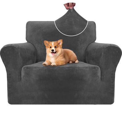 Cycmaco Samt Sofa Überzug 1 Sitzer - Elastische Sesselhusse, rutschfest, Grau