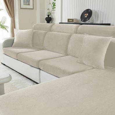 Cycmaco Samt Sitzkissenbezug für Sofa, Stretch, rutschfest, waschbar, Beige