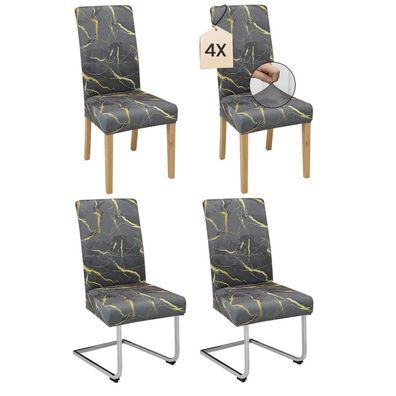 4er Set Stuhlhussen Schwarz-Gold Marmor-Optik, elastisch und waschbar für