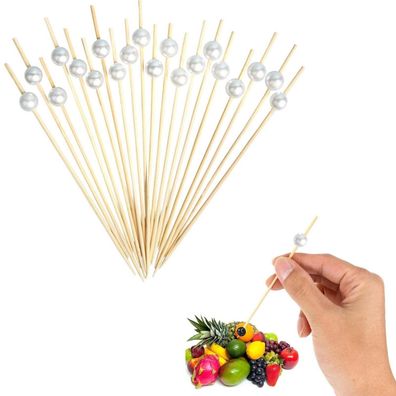 Spldsun 100 Stück Holz Cocktailspieße, Bambus Partyspieße mit weißer Perle
