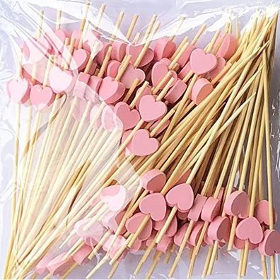 100 Stk. Cocktail Spieße Holz 12 cm Rosa Herzform Partypicker für Fingerfood