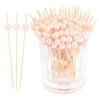 200 Stück Cocktailspieße mit rosa Perlen, 4.7 Zoll Bambusspieße für Snacks