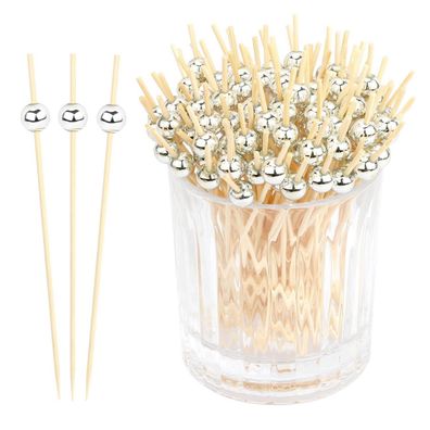 120 Stück Cocktailspieße aus Bambus mit Silberperlen, 12cm lang, ideal für