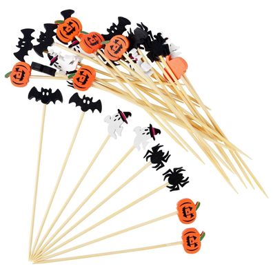 100 Stück Halloween Cocktailspieße aus Holz mit Geist, Fledermaus, Spinne und