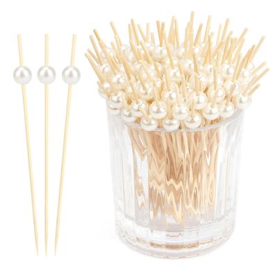 200er Cocktailspieße aus Bambus mit weißen Perlen, 12cm lang - Ideal für