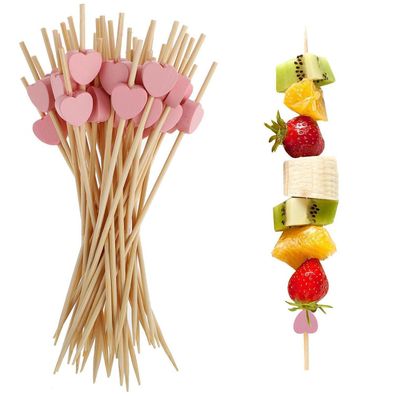 100 Stück Cocktailspieße aus Bambus mit rosa Herz-Dekoration, 12 cm lang
