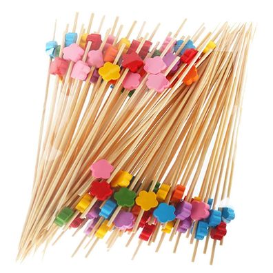 100 Stück Cocktail Sticks Holz mit Blumen-Design, 12cm, Mehrfarbig - Ideal für