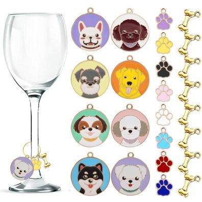 Veinardyl 24 Stück Weinglas Anhänger, Emaille Hundewelpe Design Glasmarker mit