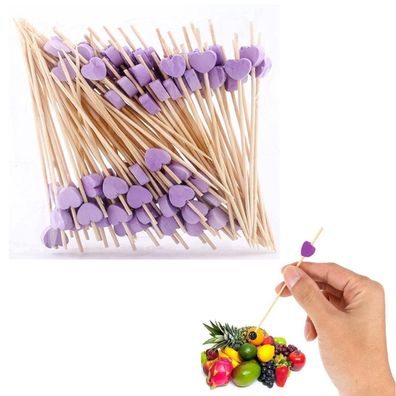 Spldsun 100er Set Cocktailspieße aus Holz, 12 cm, Violett Herzform, für Partys