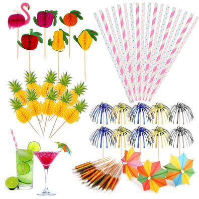 120 Stück Cocktail Deko Set: Schirmchen, Strohhalme, Feuerwerk & mehr für