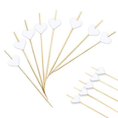 100 Stück Cocktailspieße 12 cm Bambus mit weißen Herz-Deko für Partys