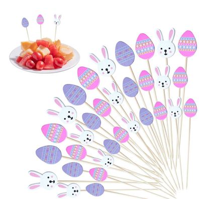 100 Stück Ostern Cocktailspieße aus Bambus mit Hasen- und Ei-Motiven für Obst