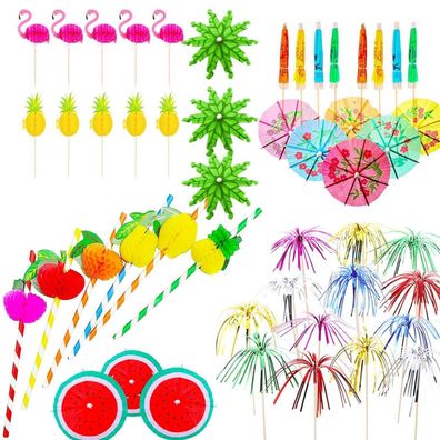 120 Stk. Bunte Cocktail Deko mit Schirmchen & Ananas-Strohhalmen für
